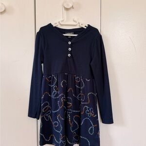 Children's Navy Long-Sleeve Dress with Embroidered Swirl Print